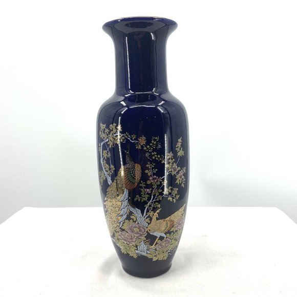 VTG Porcelain Japanese Asian Blue Peacock Vase